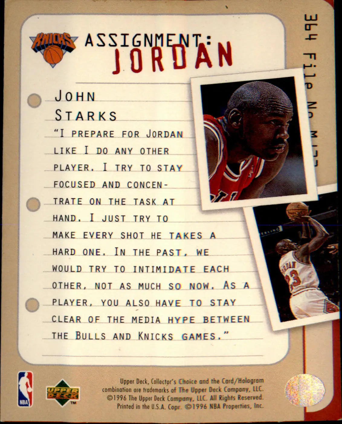 1996-97 Collector’s Choice #364 John Starks ’Assignment:Jordan’ - Basketball Card Single