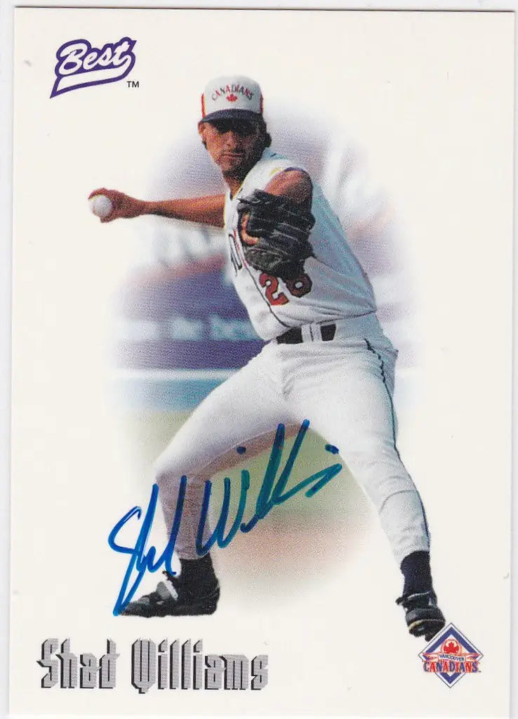 Baseball player in white uniform mid-pitch for 1996 Shad Williams Rookie Auto card