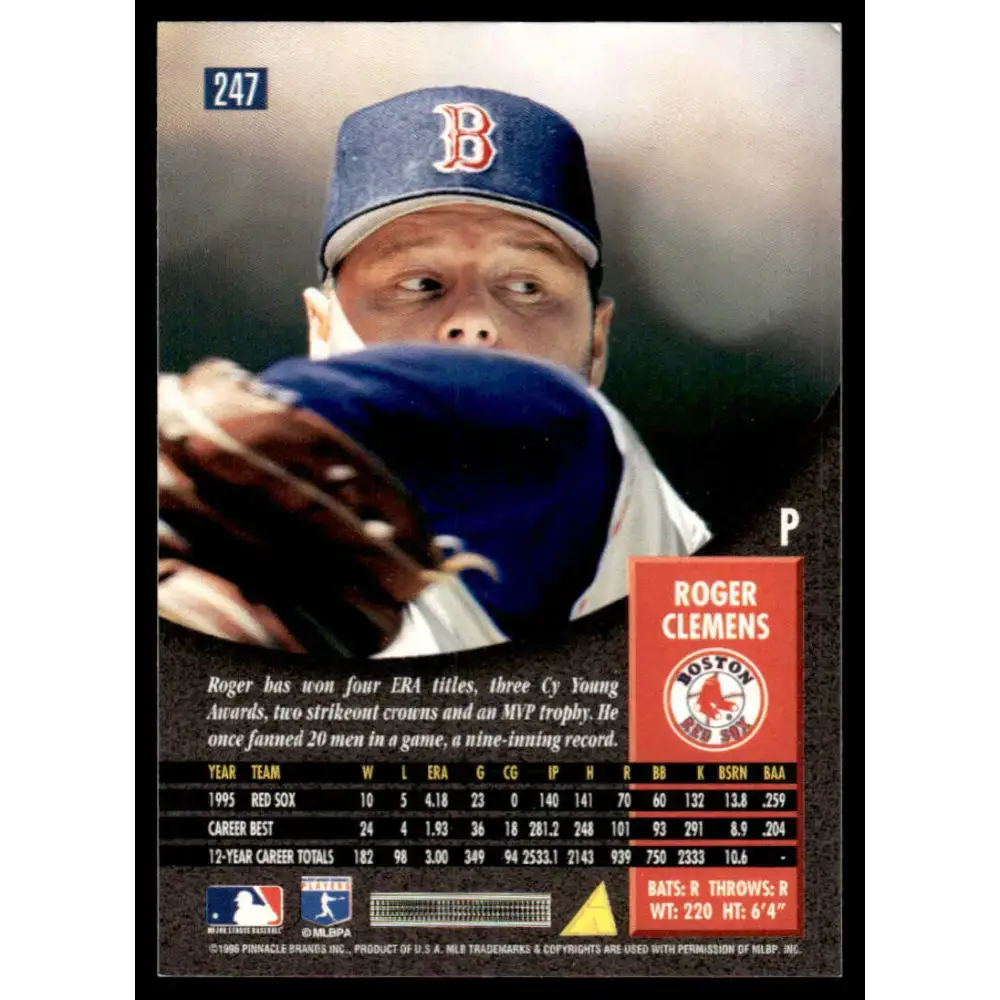 1996 Pinnacle #247 Roger Clemens EX/NM Boston Red Sox Baseball Card - Baseball Card Single