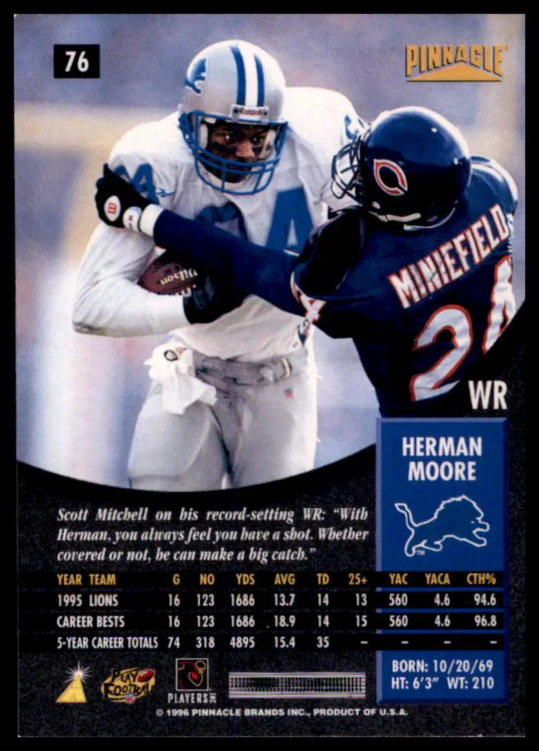 1996 Pinnacle Herman Moore 76 Detroit Lions NM - Football Card Single
