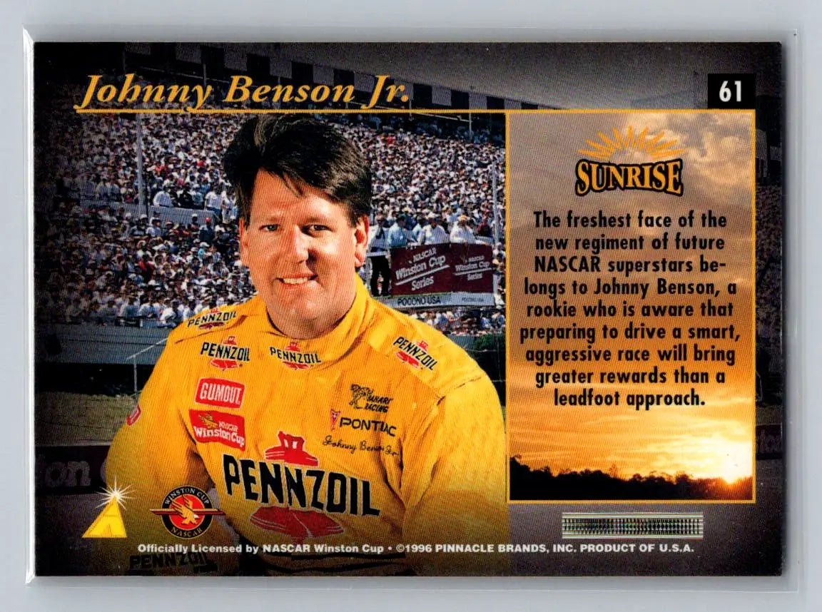 1996 Pinnacle Zenith #61 Johnny Benson Bahari Racing - Racing Card Single