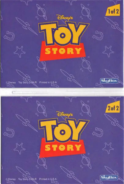 Two identical Toy Story logos on a purple background for trading cards set