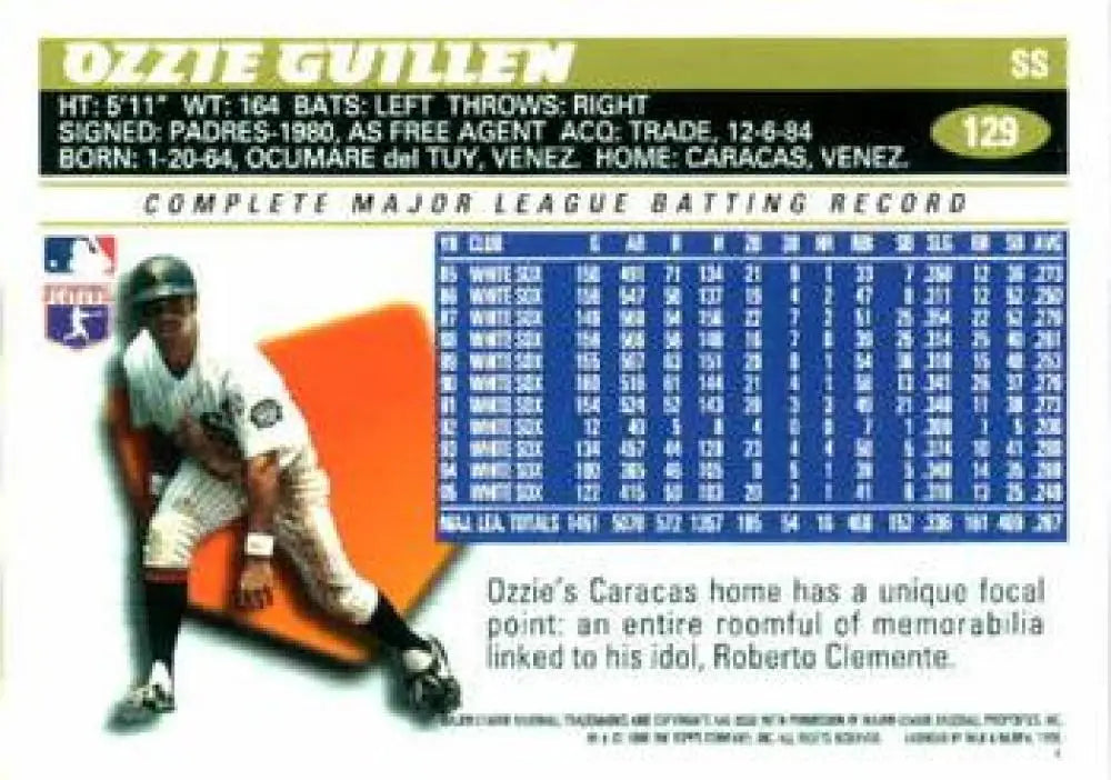 1996 Topps #129 Ozzie Guillen NM-MT Chicago White Sox Baseball Card - Baseball Card Single