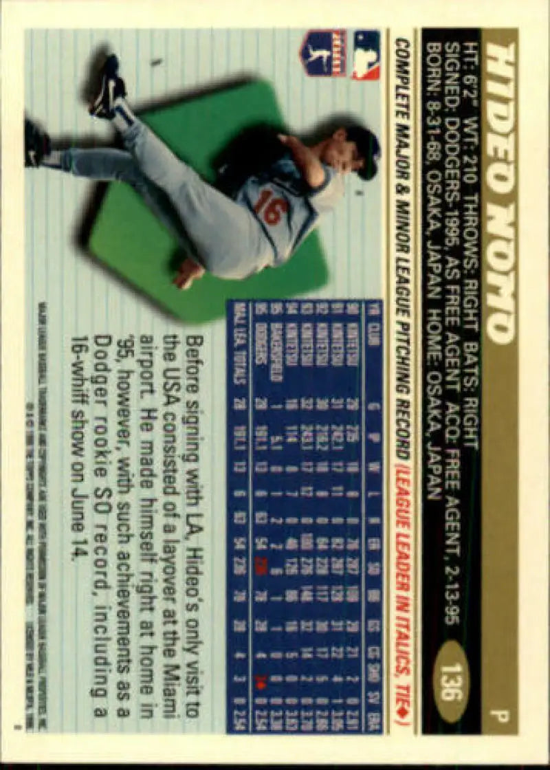 1996 Topps #136 Hideo Nomo NM-MT Los Angeles Dodgers Baseball Card - Baseball Card Single