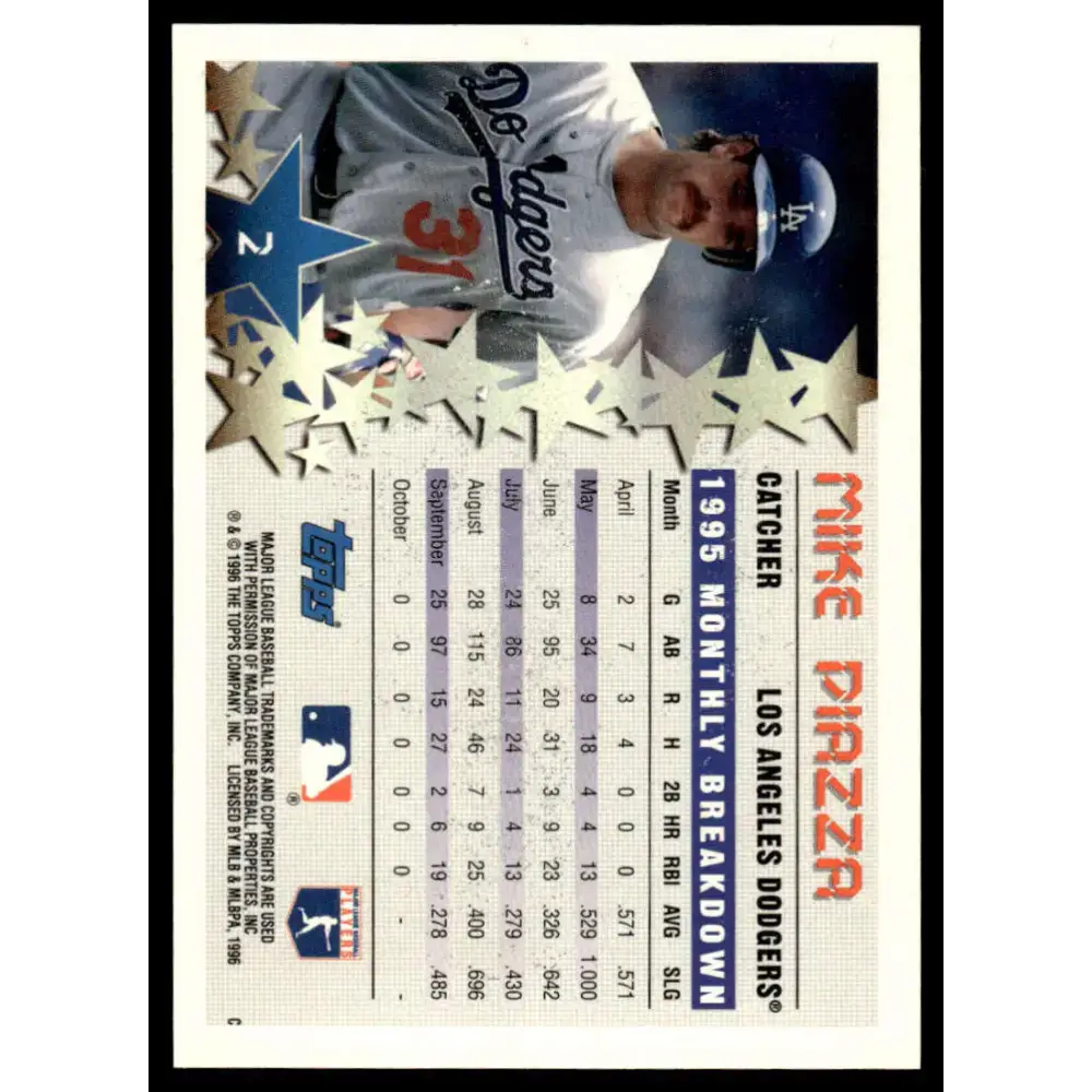 1996 Topps #2 Mike Piazza EX/NM Los Angeles Dodgers Baseball Card - Baseball Card Single