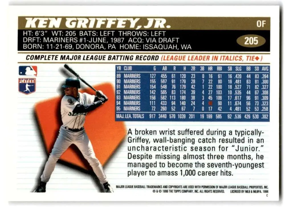 1996 Topps #205 Ken Griffey Jr. NM-MT Seattle Mariners Baseball Card - Baseball Card Single