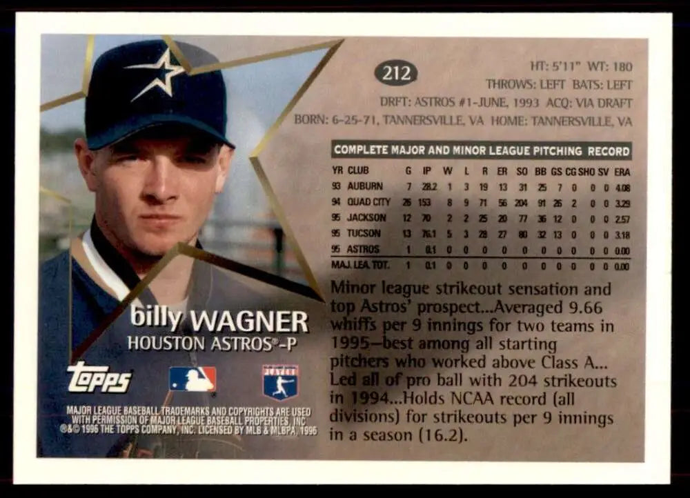 1996 Topps #212 Billy Wagner NM-MT Houston Astros Baseball Card - Baseball Card Single
