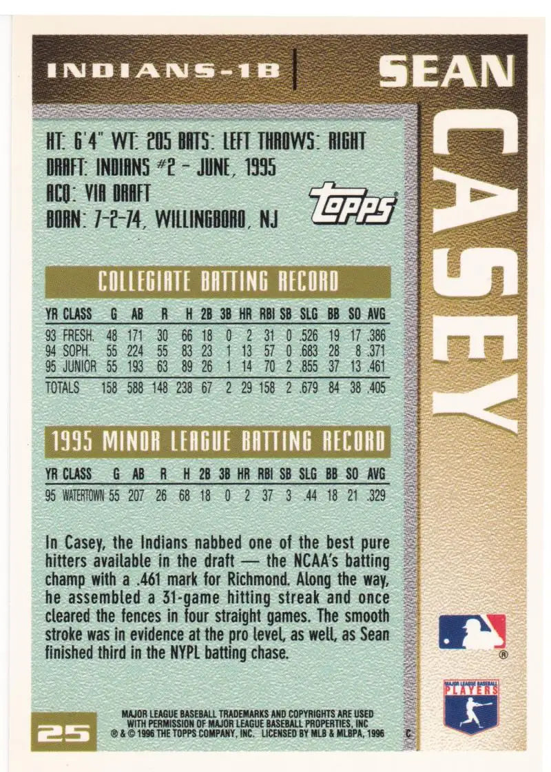 1996 Topps #25 Sean Casey NM-MT RC Rookie Cleveland Indians Baseball Card - Baseball Card Single