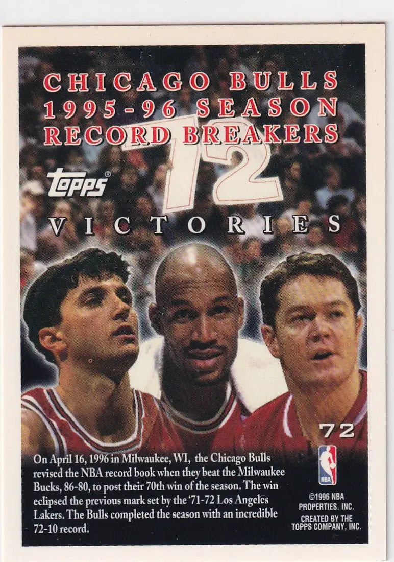 1996 TOPPS #72 CHICAGO BULLS RECORD BREAKER COMMEMORATIVE- CHICAGO BULLS - Basketball Card Single