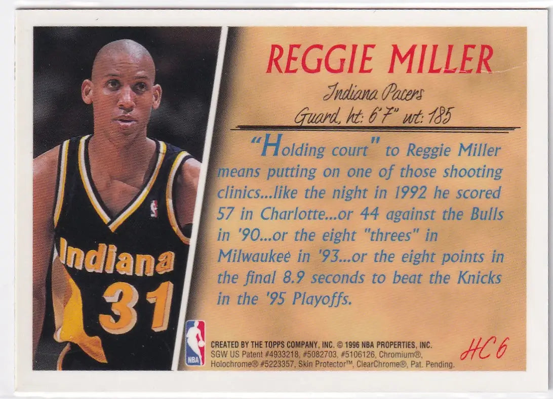 1996 TOPPS #HC6 REGGIE MILLER- INDIANA PACERS - Basketball Card Single