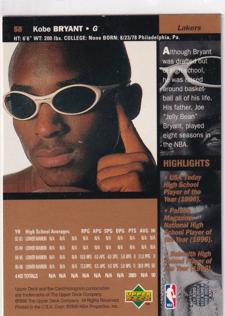 1996 UPPER DECK #58 KOBE BRYANT- LOS ANGELES LAKERS