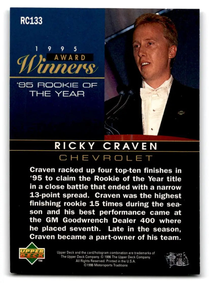 1996 Upper Deck Road to the Cup #RC133 Ricky Craven Horizontal photo on front - Racing Card Single