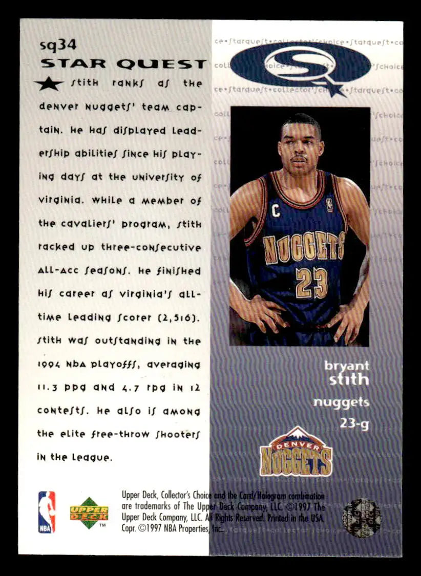 1997-98 Collector’s Choice #SQ34 Bryant Stith StarQuest Denver Nuggets - Basketball Card Single
