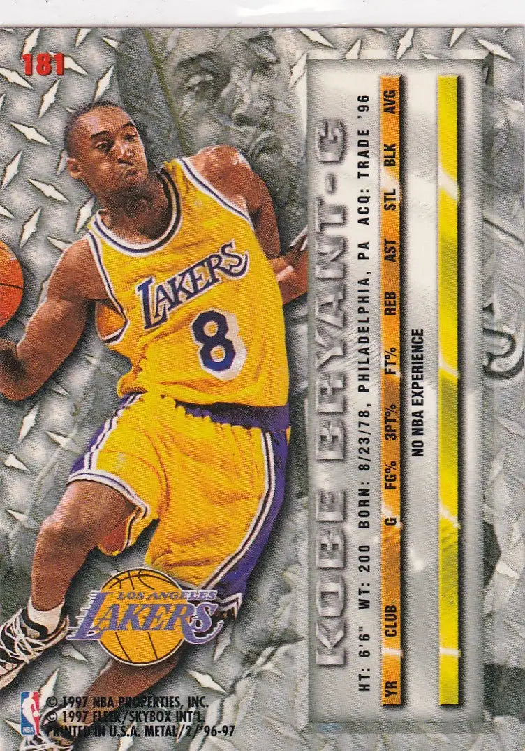 1997 FLEER METAL #181 KOBE BRYANT- LOS ANGELES LAKERS