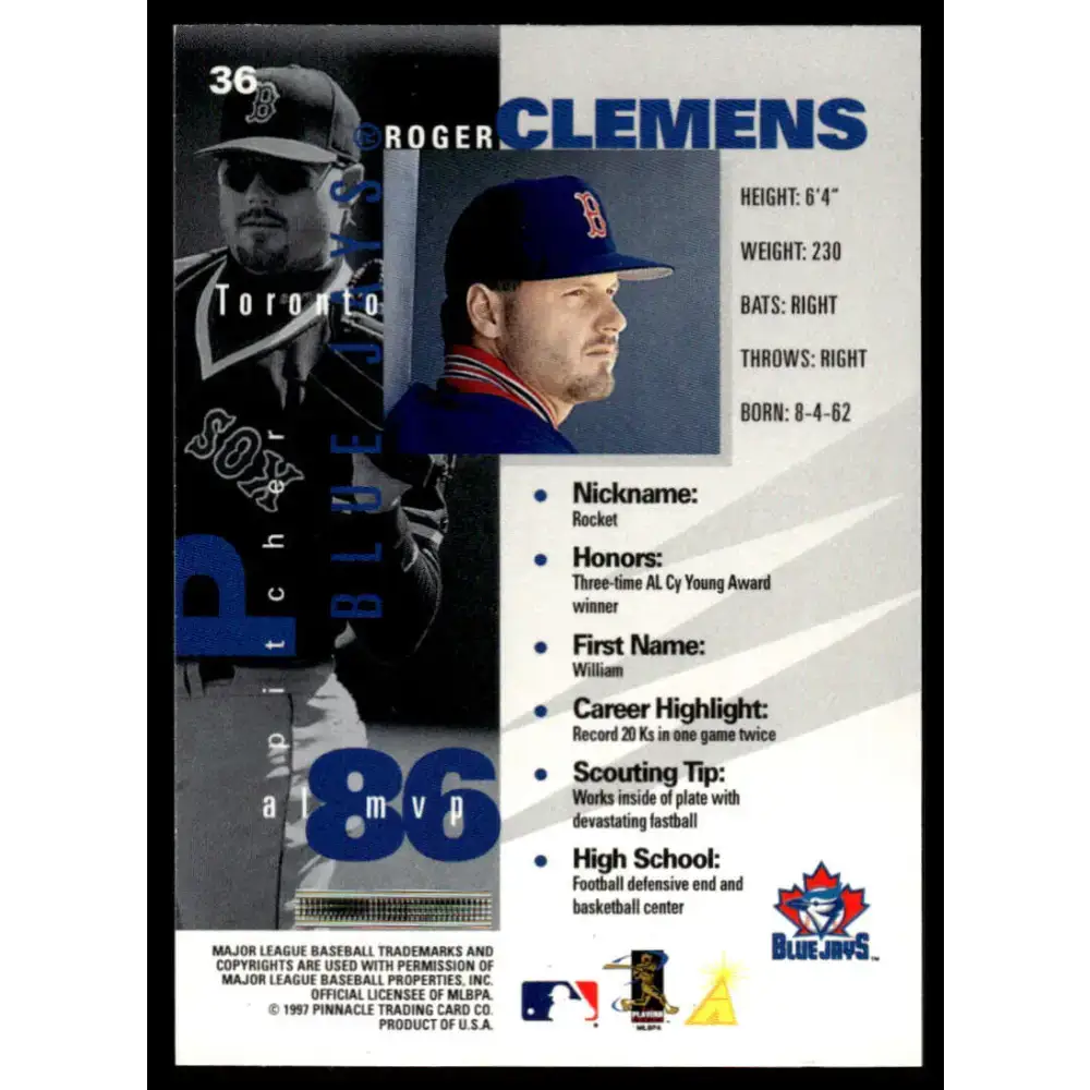1997 Pinnacle Inside #36 Roger Clemens EX/NM Toronto Blue Jays Baseball Card - Baseball Card Single