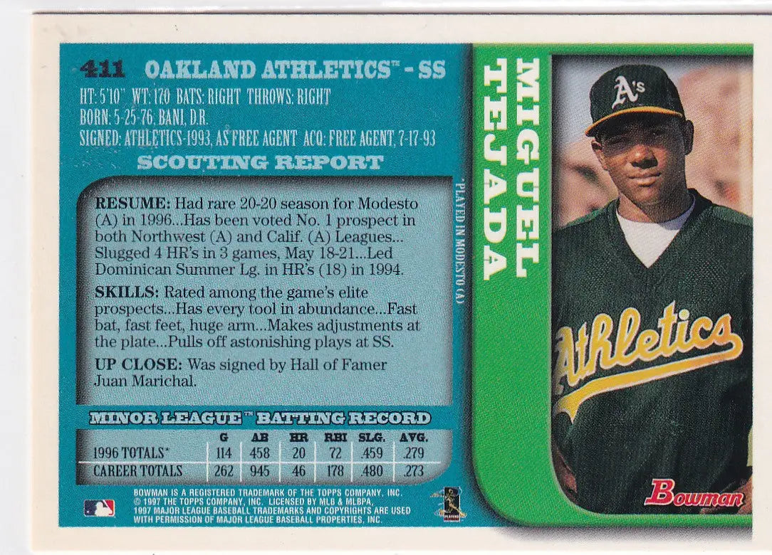 1997 TOPPS BOWMAN #411 MIGUEL TEJADA- OAKLAND ATHLETICS - Baseball Card Single