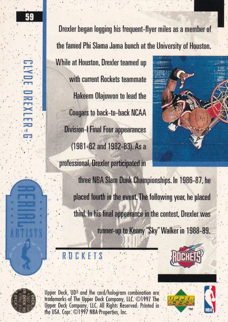 1997 UPPER DECK #59 CLYDE DREXLER- HOUSTON ROCKETS - Basketball Card Single