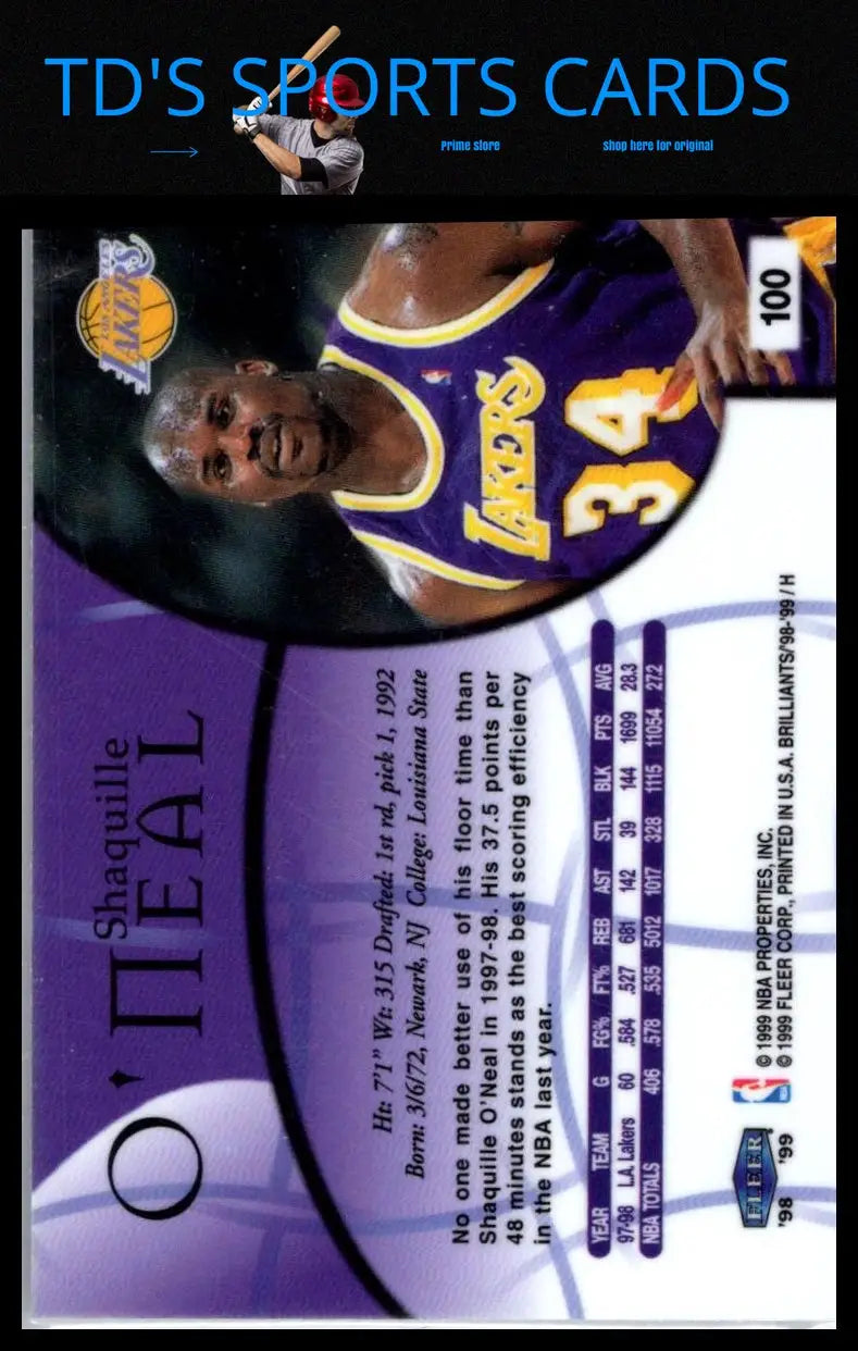 1998-99 Fleer Brilliants #100 Shaquille O’Neal basketball trading card collectible