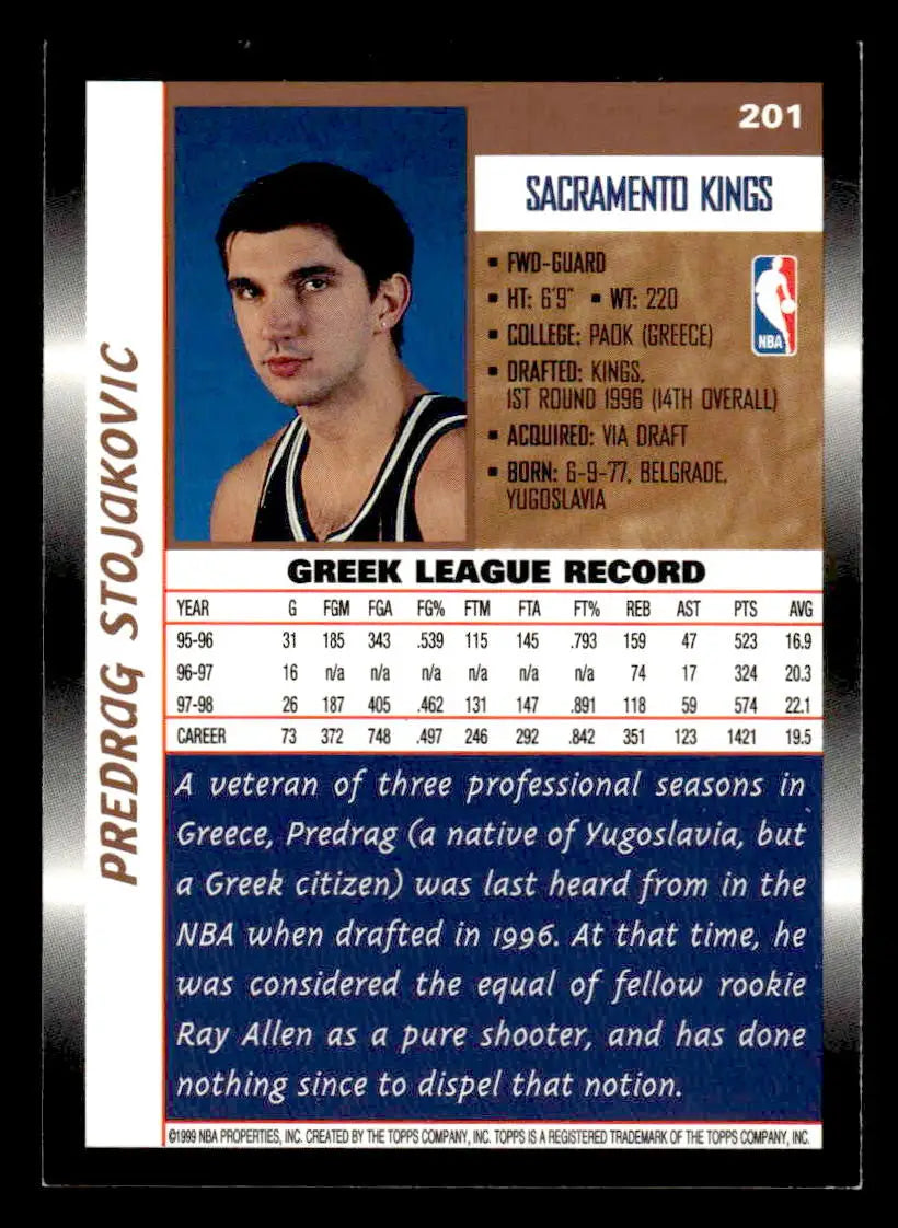 1998-99 Topps #201 Predrag ’Pete’ Stojakovic Base RC Sacramento Kings - Basketball Card Single