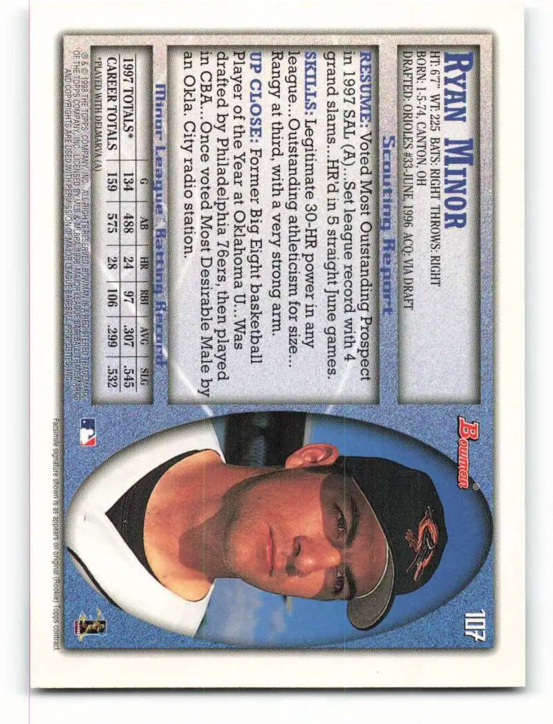 1998 Bowman #107 Ryan Minor EX Excellent RC Rookie Baltimore Orioles Baseball Card - Baseball Card Single