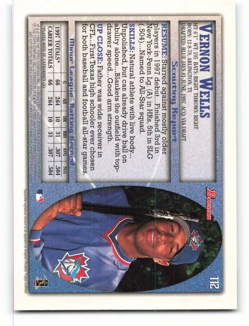 1998 Bowman #112 Vernon Wells EX Excellent Toronto Blue Jays Baseball Card - Baseball Card Single