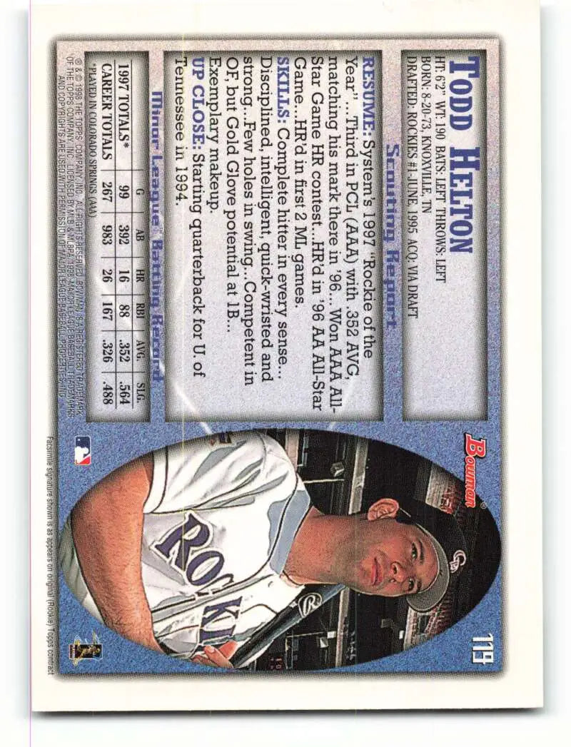 1998 Bowman #119 Todd Helton EX Excellent Colorado Rockies Baseball Card - Baseball Card Single