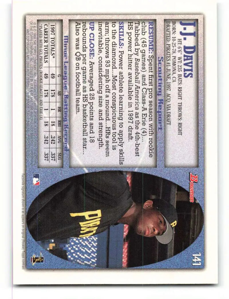 1998 Bowman #141 J.J. Davis EX Excellent Pittsburgh Pirates Baseball Card - Baseball Card Single