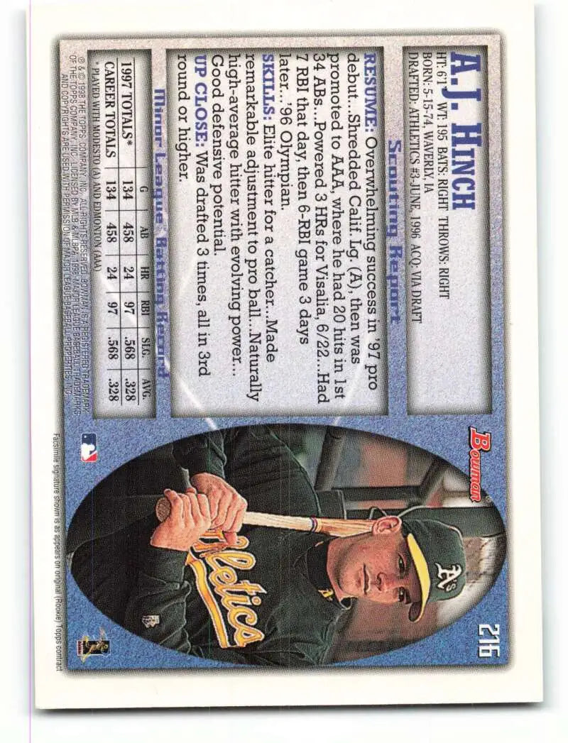 1998 Bowman #216 A.J. Hinch EX Excellent Oakland Athletics Baseball Card - Baseball Card Single