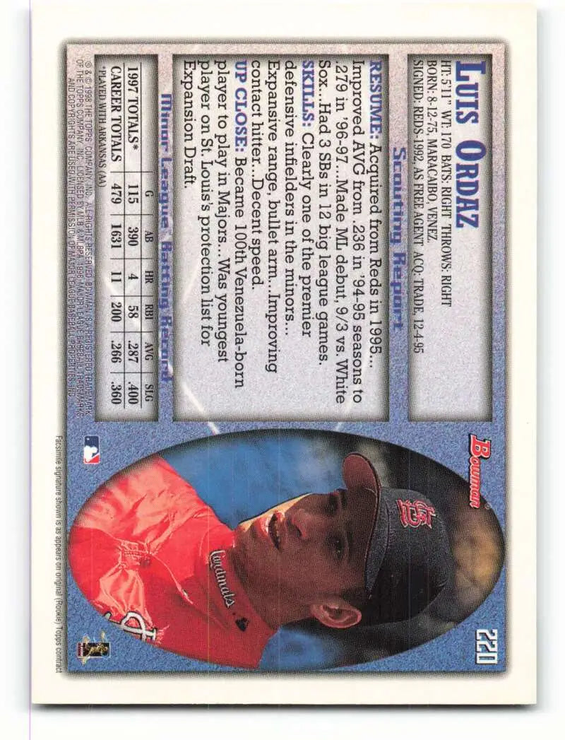 1998 Bowman #220 Luis Ordaz EX Excellent St. Louis Cardinals Baseball Card - Baseball Card Single