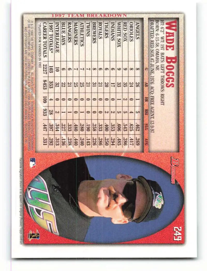 1998 Bowman #249 Wade Boggs EX Excellent Tampa Bay Devil Rays Baseball Card - Baseball Card Single