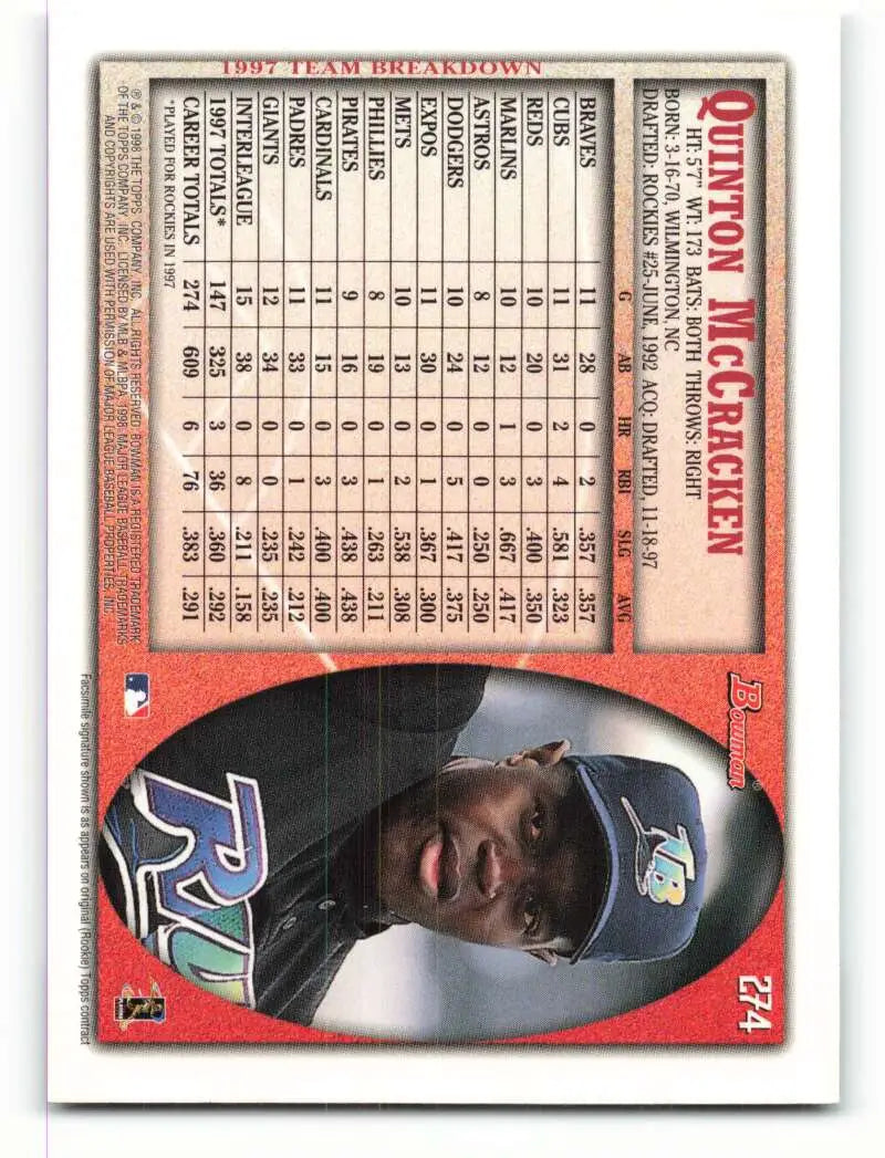 1998 Bowman #274 Quinton McCracken EX Excellent Tampa Bay Devil Rays Baseball Card - Baseball Card Single