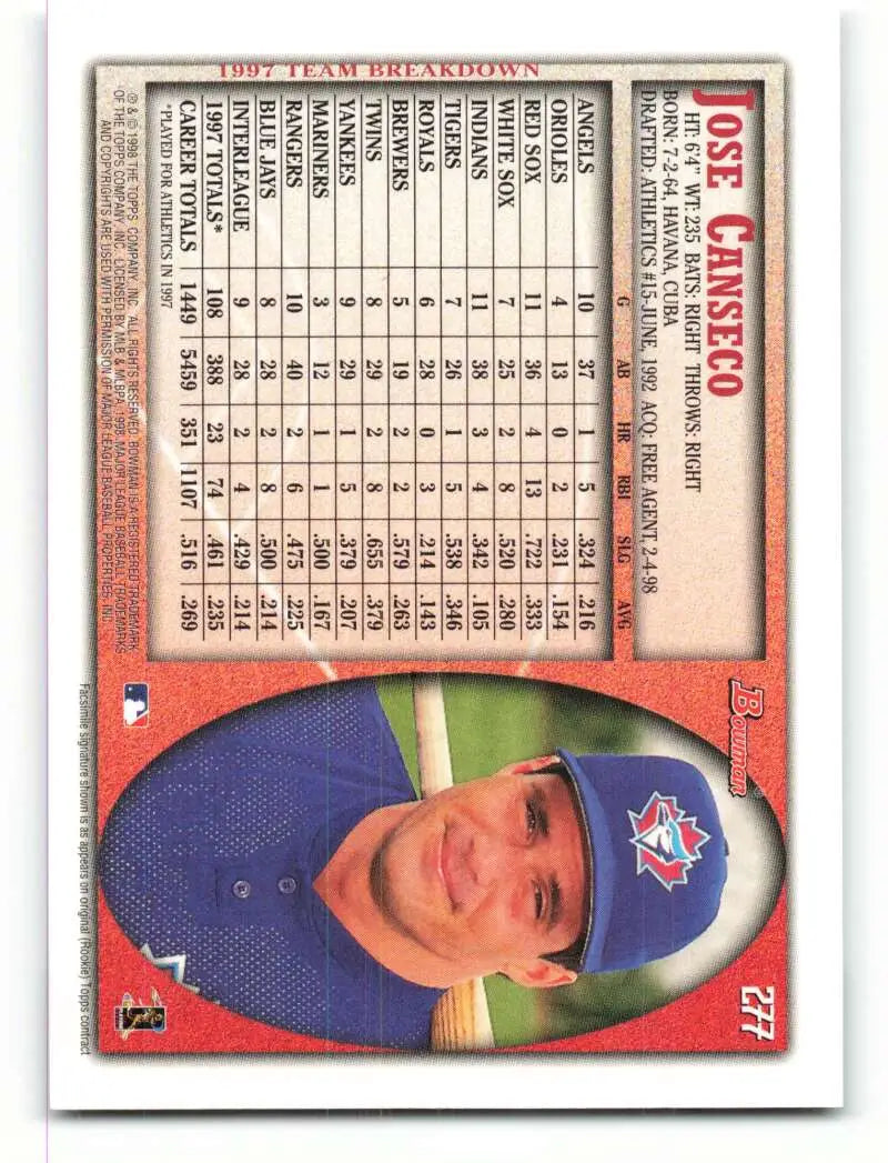 1998 Bowman #277 Jose Canseco EX Excellent Toronto Blue Jays Baseball Card - Baseball Card Single