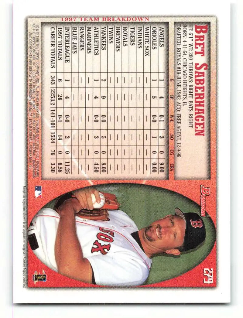 1998 Bowman #279 Bret Saberhagen EX Excellent Boston Red Sox Baseball Card - Baseball Card Single