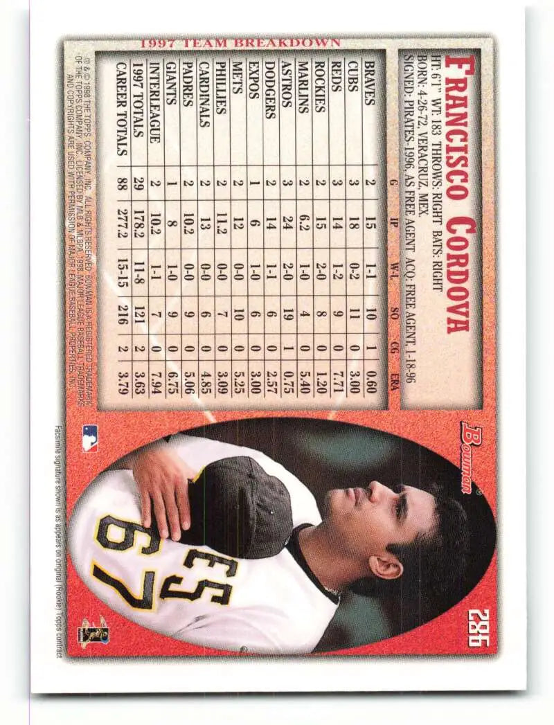 1998 Bowman #286 Francisco Cordova EX Excellent Pittsburgh Pirates Baseball Card - Baseball Card Single