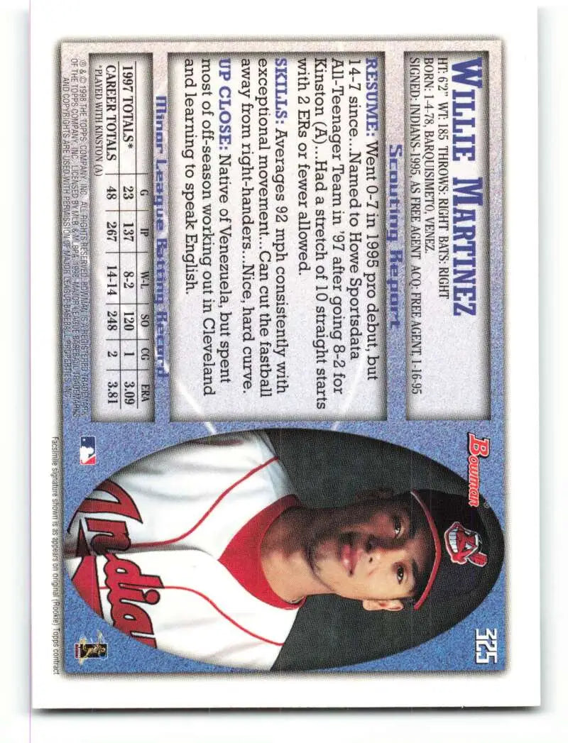 1998 Bowman #325 Willie Martinez EX Excellent Cleveland Indians Baseball Card - Baseball Card Single
