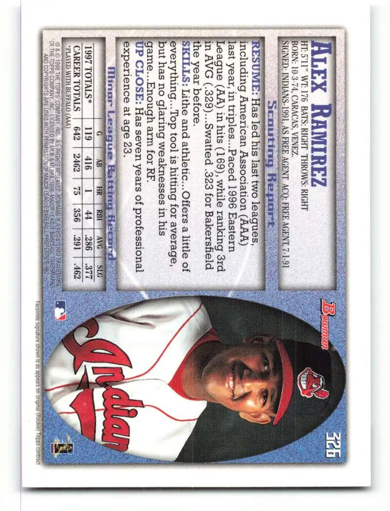 1998 Bowman #326 Alex Ramirez EX Excellent Cleveland Indians Baseball Card - Baseball Card Single
