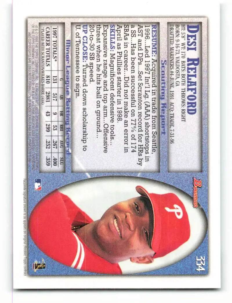 1998 Bowman #334 Desi Relaford EX Excellent Philadelphia Phillies Baseball Card - Baseball Card Single