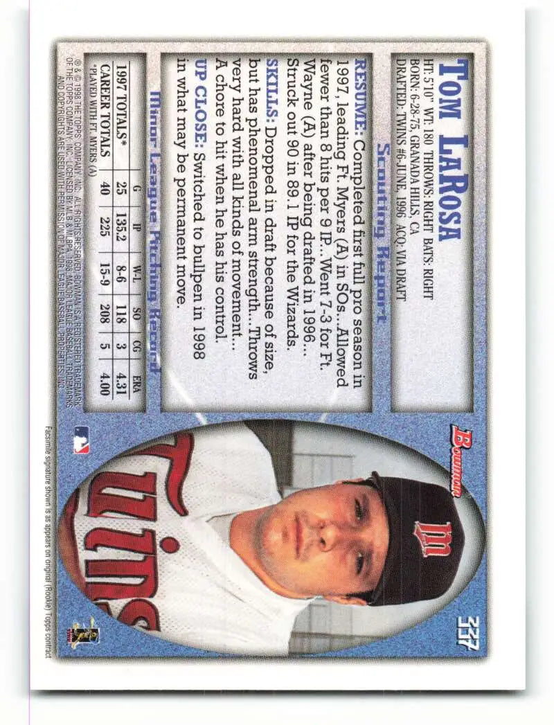 1998 Bowman #337 Tom LaRosa EX Excellent RC Rookie Minnesota Twins Baseball Card - Baseball Card Single
