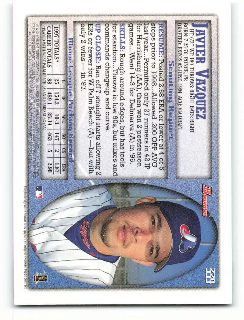 1998 Bowman #339 Javier Vazquez EX Excellent Montreal Expos Baseball Card - Baseball Card Single