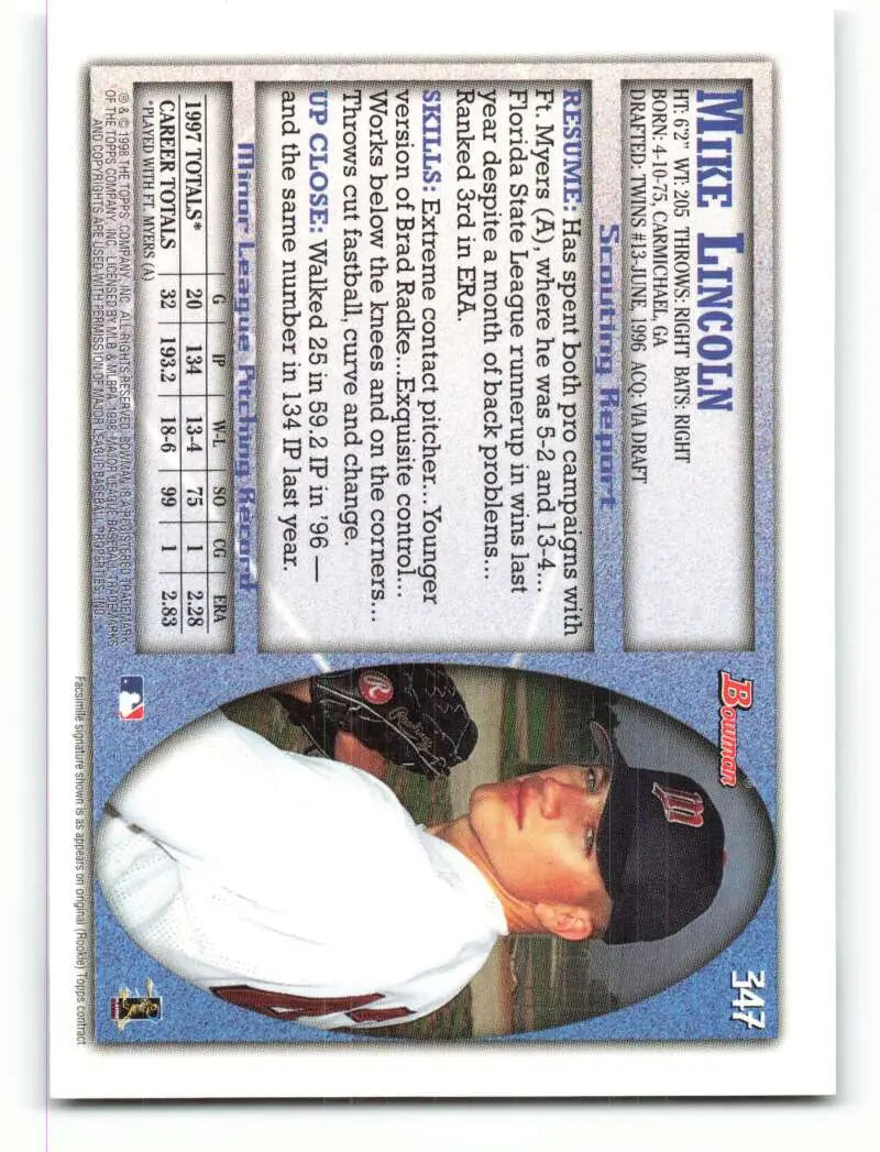 1998 Bowman #347 Mike Lincoln EX Excellent RC Rookie Minnesota Twins Baseball Card - Baseball Card Single