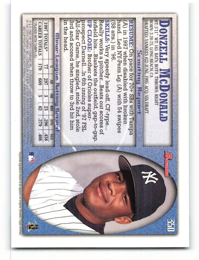 1998 Bowman #350 Donzell McDonald EX Excellent New York Yankees Baseball Card - Baseball Card Single