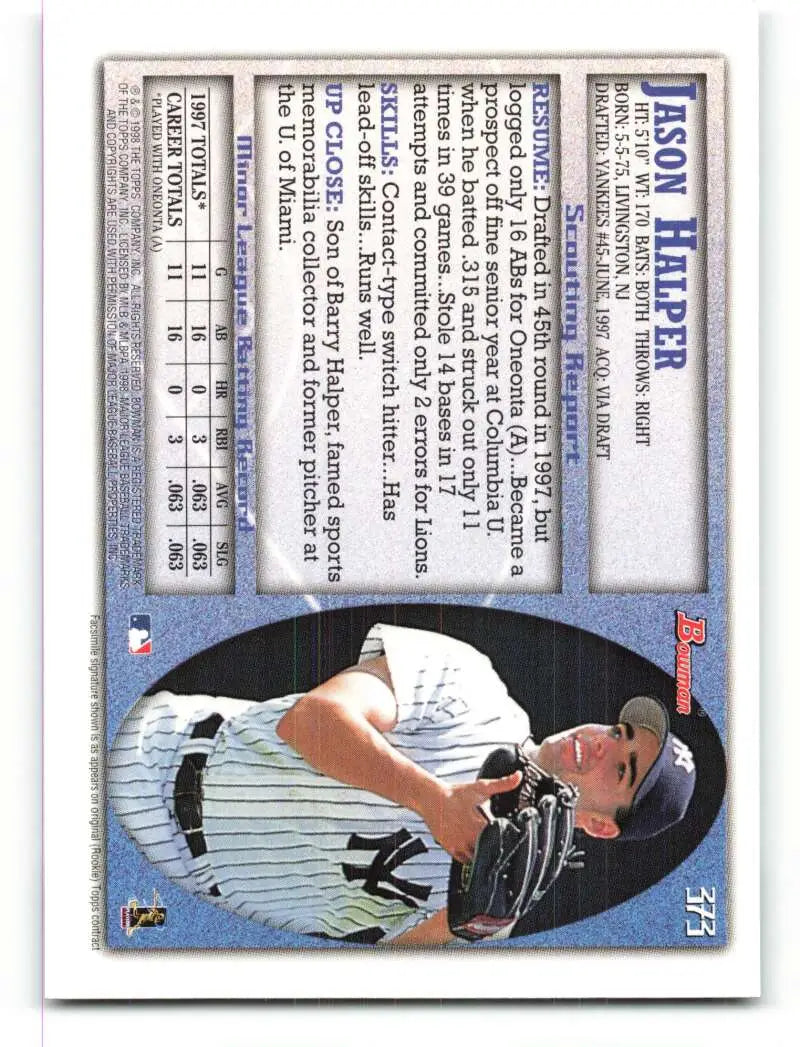 1998 Bowman #373 Jason Halper EX Excellent RC Rookie New York Yankees Baseball Card - Baseball Card Single