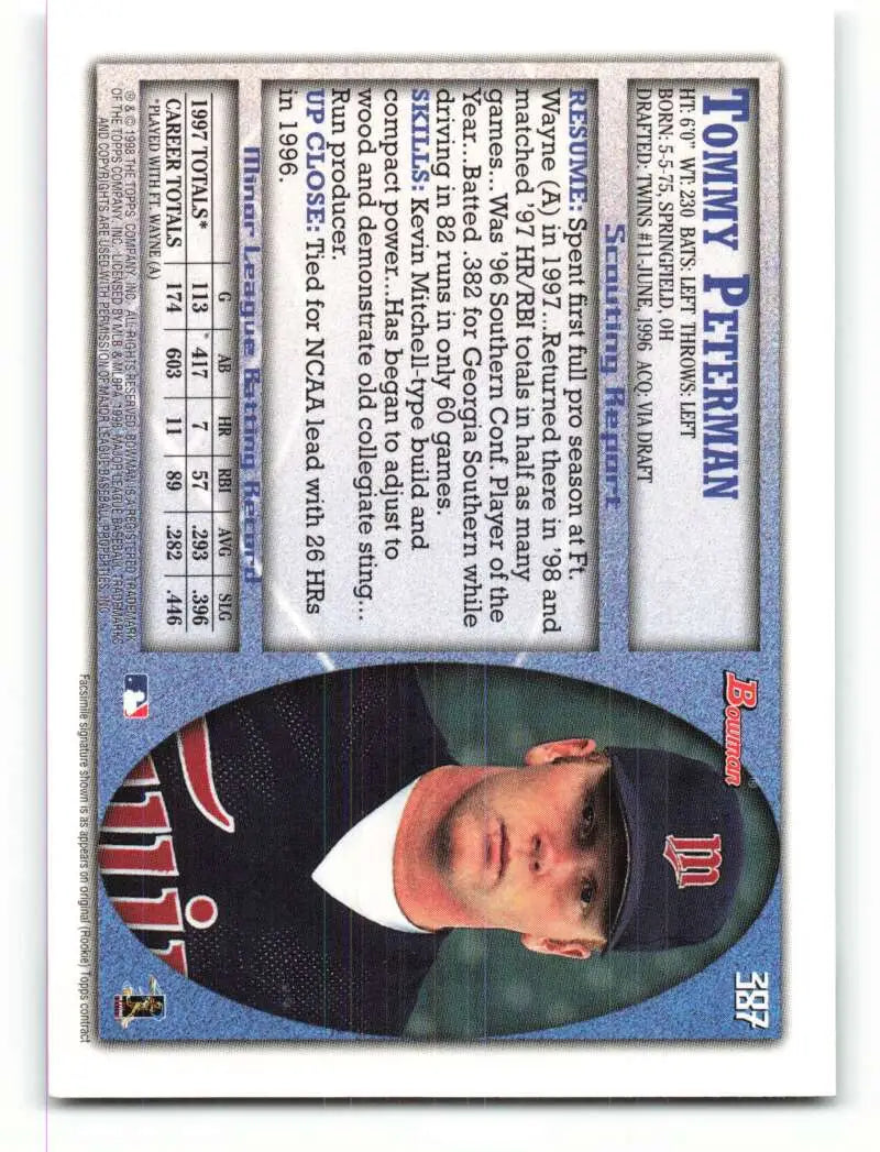 1998 Bowman #387 Tommy Peterman EX Excellent RC Rookie Minnesota Twins Baseball Card
