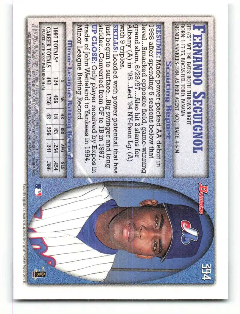 1998 Bowman #394 Fernando Seguignol EX Excellent RC Rookie Montreal Expos Baseball Card - Baseball Card Single