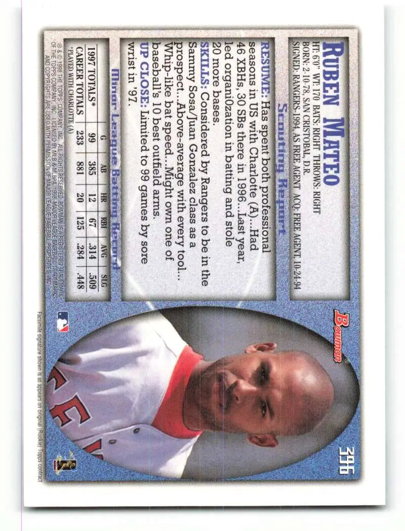 1998 Bowman #396 Ruben Mateo EX Excellent RC Rookie Texas Rangers Baseball Card - Baseball Card Single