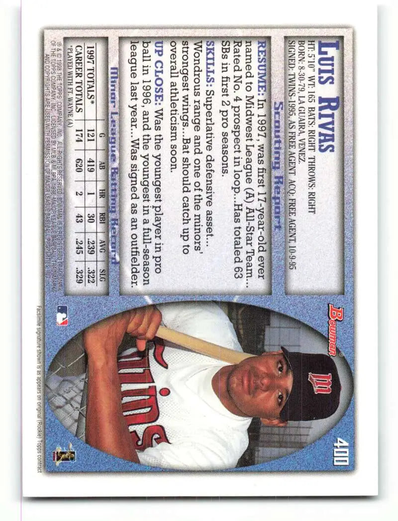 1998 Bowman #400 Luis Rivas EX Excellent RC Rookie Minnesota Twins Baseball Card - Baseball Card Single