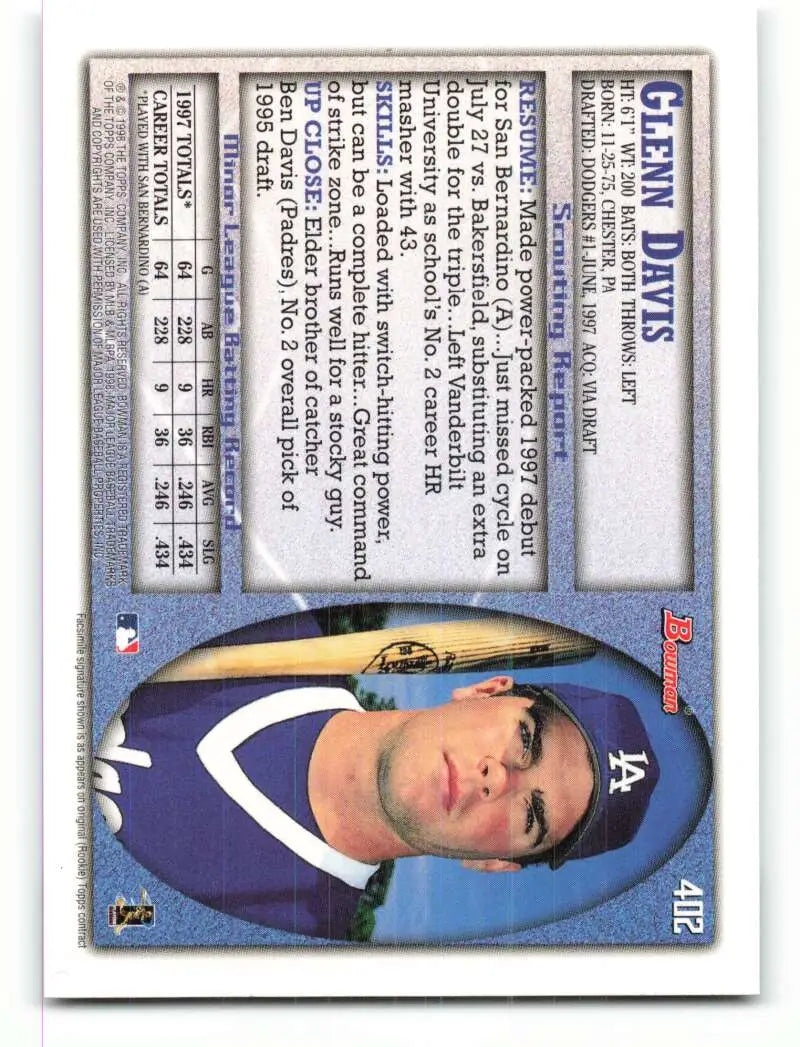 1998 Bowman #402 Glenn Davis EX Excellent Los Angeles Dodgers Baseball Card - Baseball Card Single