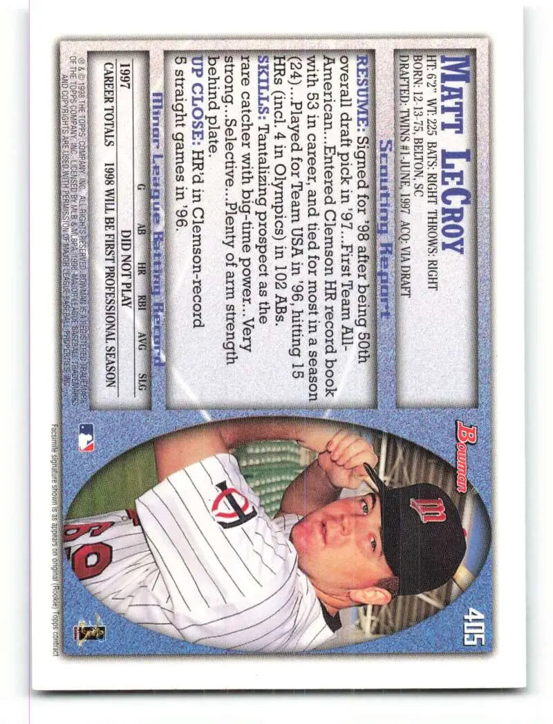 1998 Bowman #405 Matt LeCroy EX Excellent RC Rookie Minnesota Twins Baseball Card - Baseball Card Single