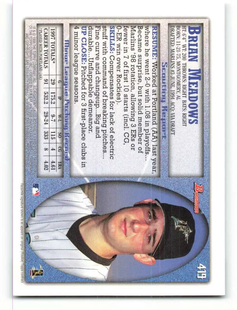 1998 Bowman #419 Brian Meadows EX Excellent Florida Marlins Baseball Card - Baseball Card Single
