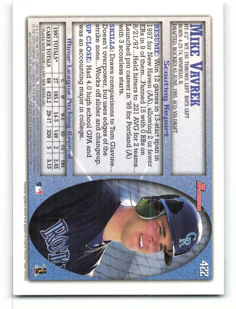 1998 Bowman #422 Mike Vavrek EX Excellent RC Rookie Colorado Rockies Baseball Card - Baseball Card Single